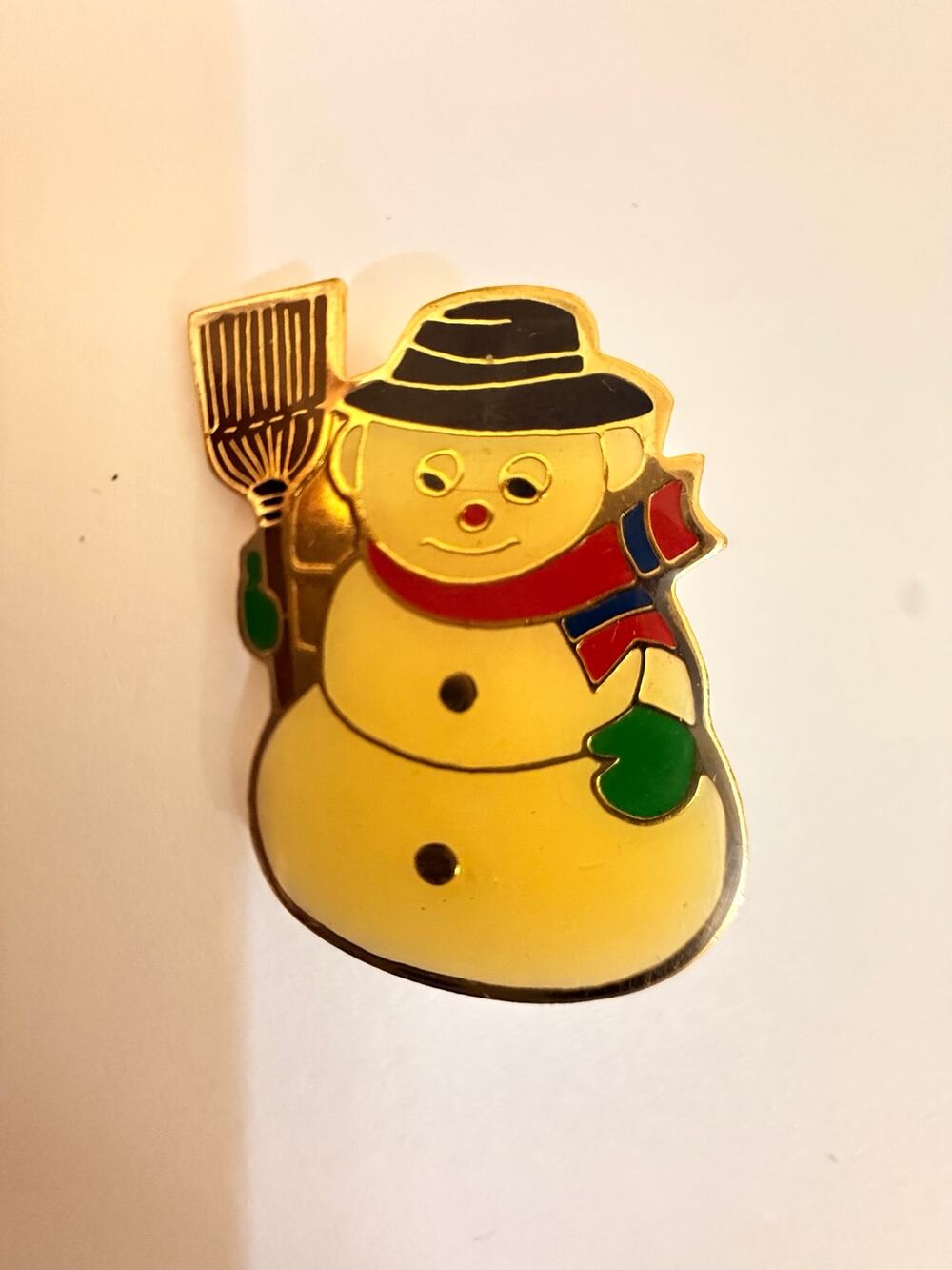 Vintage Gold Tone Enamel Snowman Broom Christmas Brooch